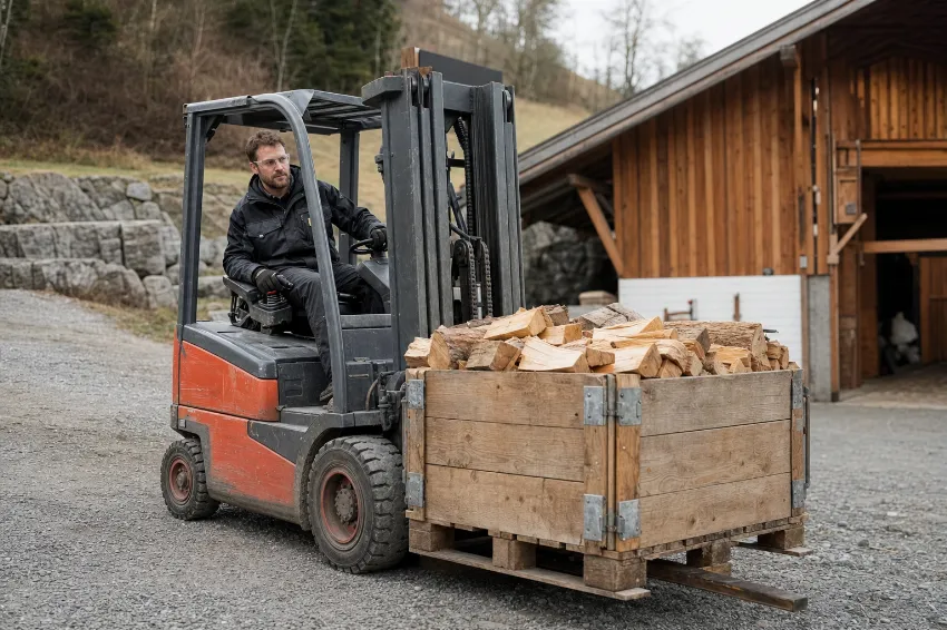 Moški vozi rabljen motorni viličar s paleto drv po makadamskem dvorišču.