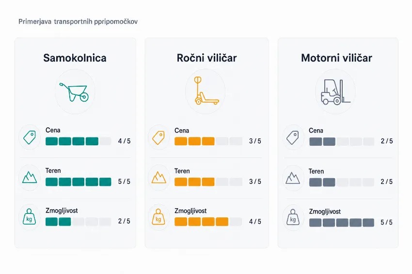 Infografika, ki primerja samokolnico, ročni viličar in motorni viličar glede na ceno, teren in zmogljivost.